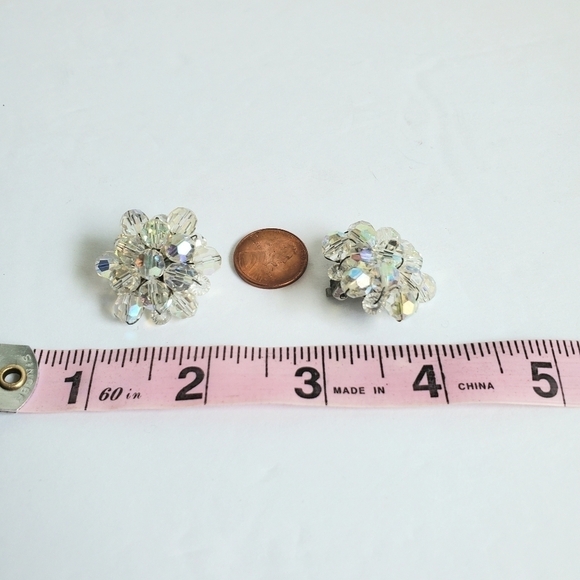 Vintage Aurora Borealis Crystal Beaded Earrings Clip-On 60s Retro Iridescent - Picture 5 of 5